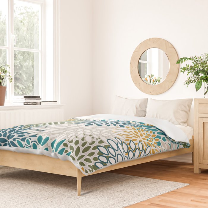 Floral Blooms, Teal, Green and Yellow Duvet Cover Gallery Image 2