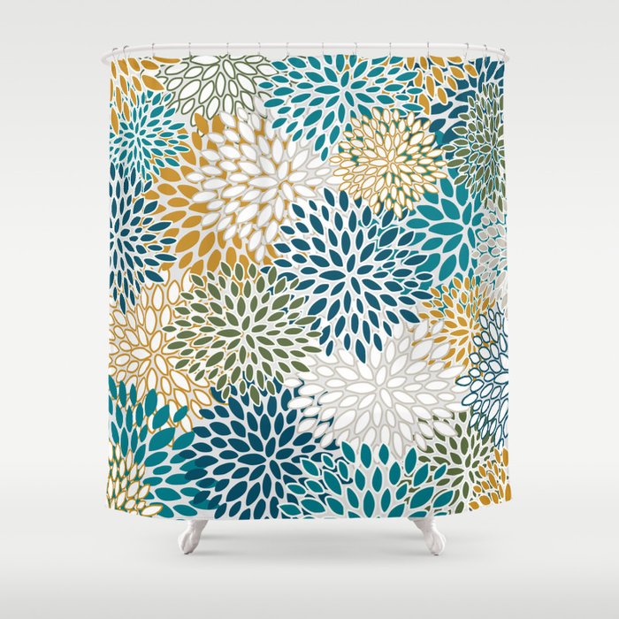 Floral Blooms, Teal, Green and Yellow Shower Curtain Gallery Image 1