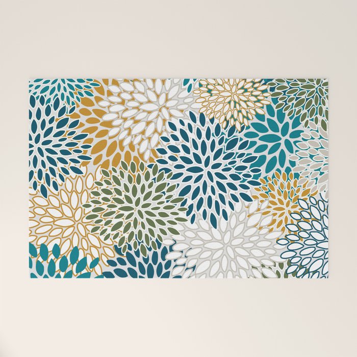 Floral Blooms, Teal, Green and Yellow Welcome Mat Gallery Image 1