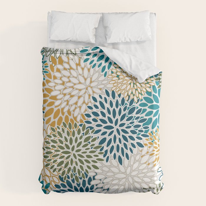 Floral Blooms, Teal, Green and Yellow Duvet Cover Gallery Image 1