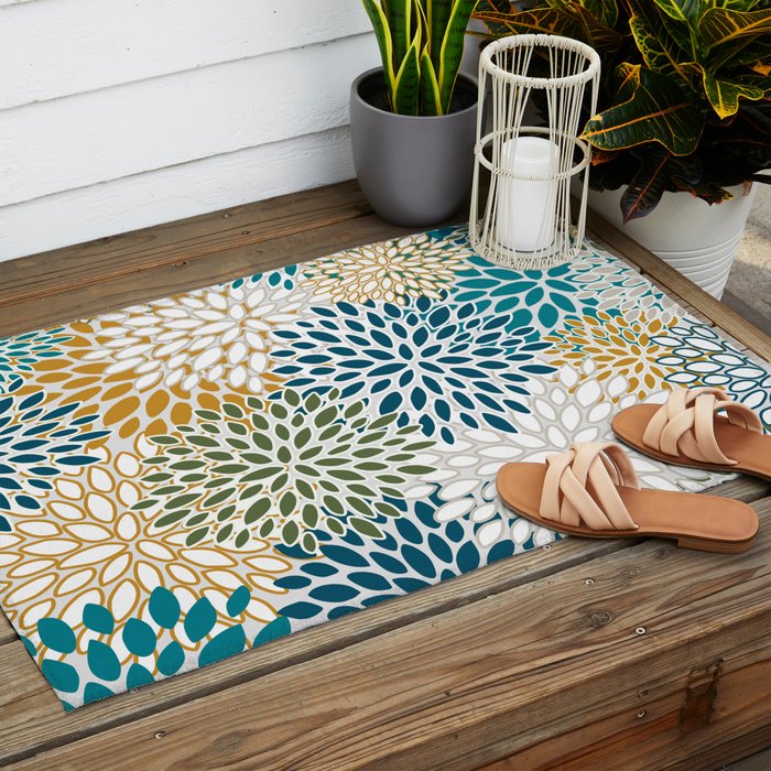 Floral Blooms, Teal, Green and Yellow Outdoor Rug Gallery Image 2