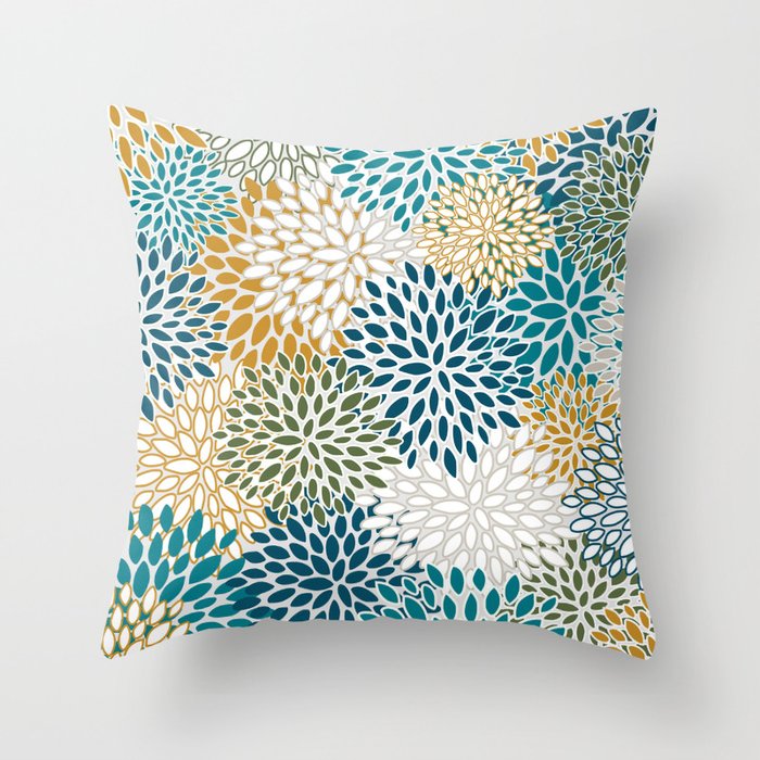 Floral Blooms, Teal, Green and Yellow Throw Pillow Gallery Image 6