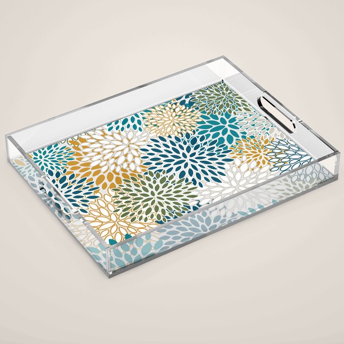 Floral Blooms, Teal, Green and Yellow Acrylic Tray Gallery Image 1