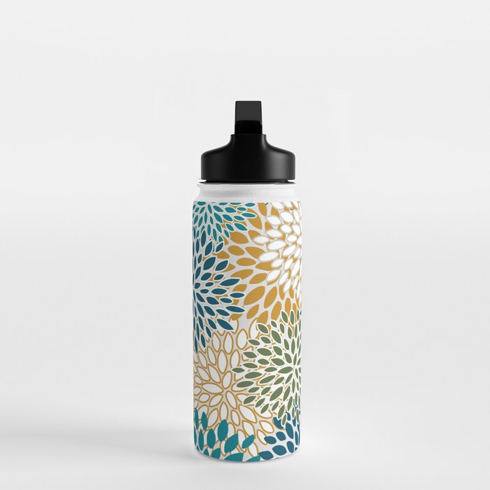 Floral Blooms, Teal, Green and Yellow Water Bottle Gallery Image 3