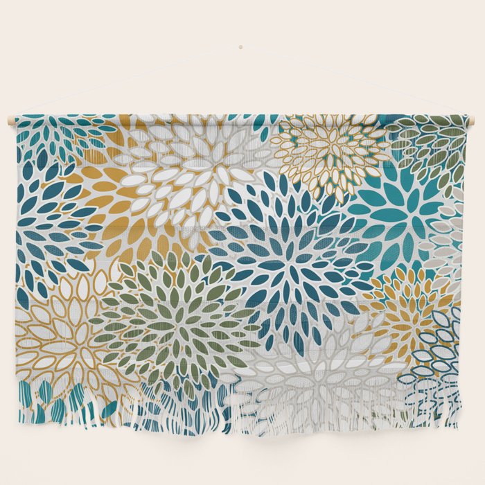 Floral Blooms, Teal, Green and Yellow Wall Hanging Gallery Image 1