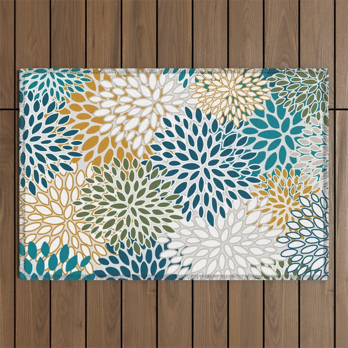 Floral Blooms, Teal, Green and Yellow Outdoor Rug Gallery Image 1
