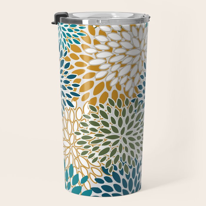 Floral Blooms, Teal, Green and Yellow Travel Mug Gallery Image 3