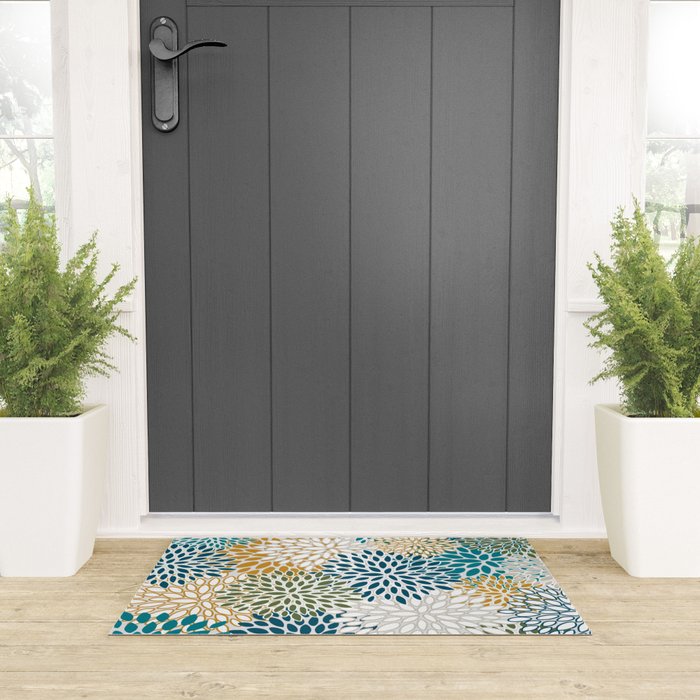 Floral Blooms, Teal, Green and Yellow Welcome Mat Gallery Image 3