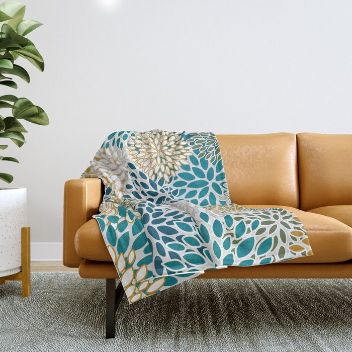 Floral Blooms, Teal, Green and Yellow Throw Blanket Gallery Image 1