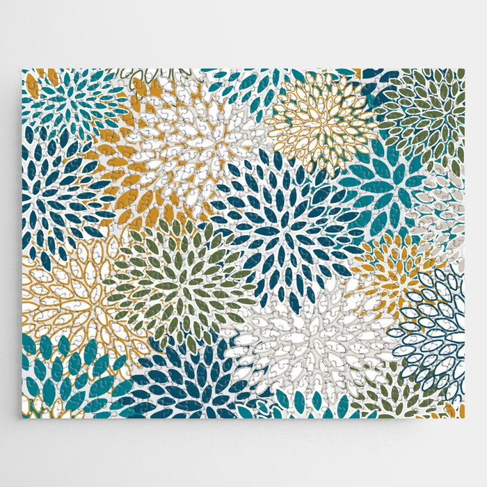 Floral Blooms, Teal, Green and Yellow Jigsaw Puzzle Gallery Image 1