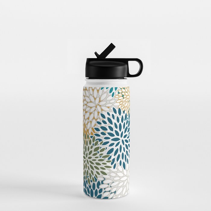 Floral Blooms, Teal, Green and Yellow Water Bottle Gallery Image 1