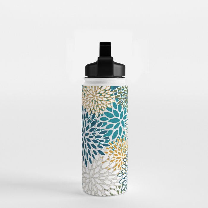 Floral Blooms, Teal, Green and Yellow Water Bottle Gallery Image 2