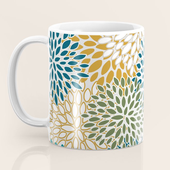 Floral Blooms, Teal, Green and Yellow Coffee Mug Gallery Image 3