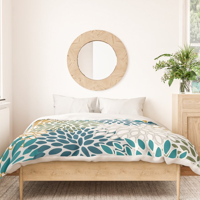 Floral Blooms, Teal, Green and Yellow Duvet Cover Gallery Image 3