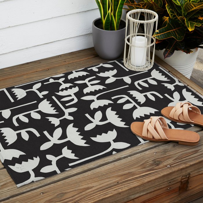 Linocut Tulip Pattern #4 Outdoor Rug Gallery Image 2