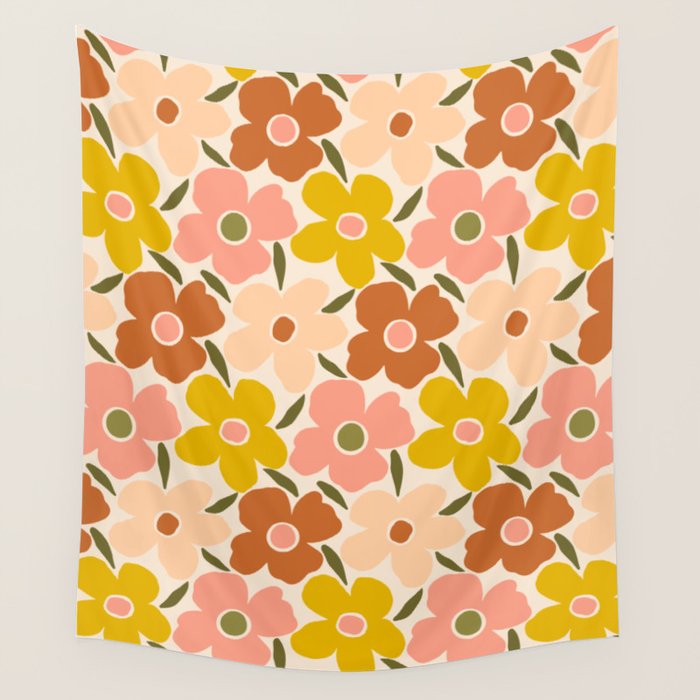 Retro Vintage Floral - Peach Wall Tapestry Gallery Image 4