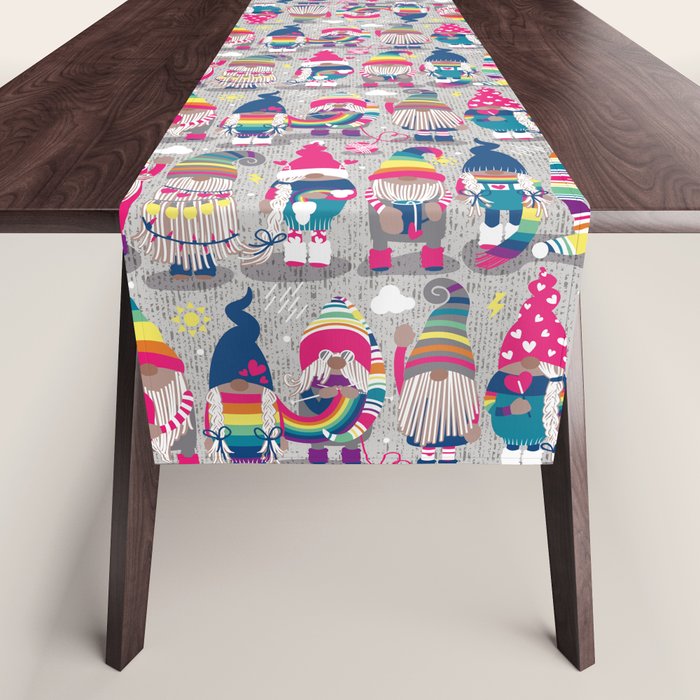 I gnome you // grey background little happy and lovely gnomes with rainbows fuchsia pink hearts Table Runner Gallery Image 1