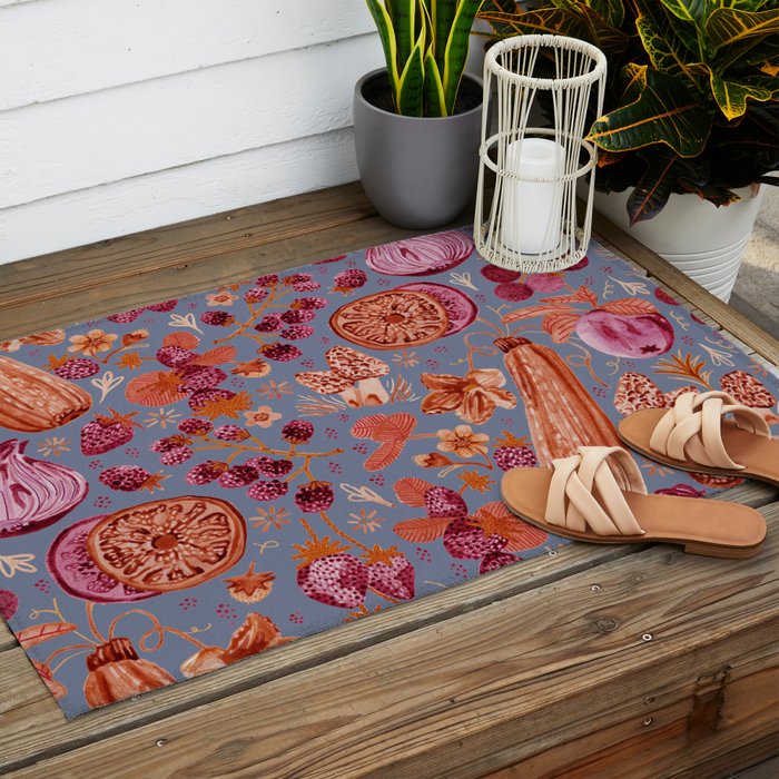 Garden Vegetables & Fresh Fruit in Grey & Rust Outdoor Rug Gallery Image 2