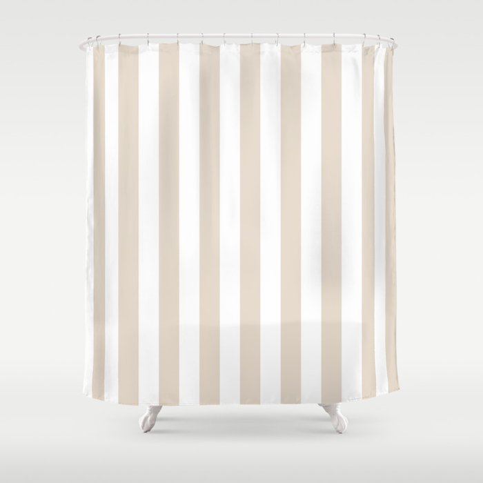 Neutral Stripes Narrow Vertical Stripe Pattern in Mushroom Beige and White Shower Curtain Gallery Image 1