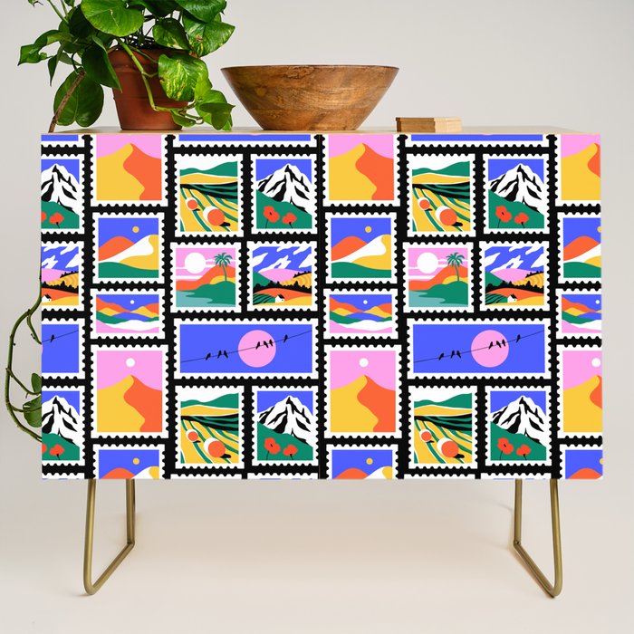 Colorful nature landscape post card stamp pattern Credenza Gallery Image 1