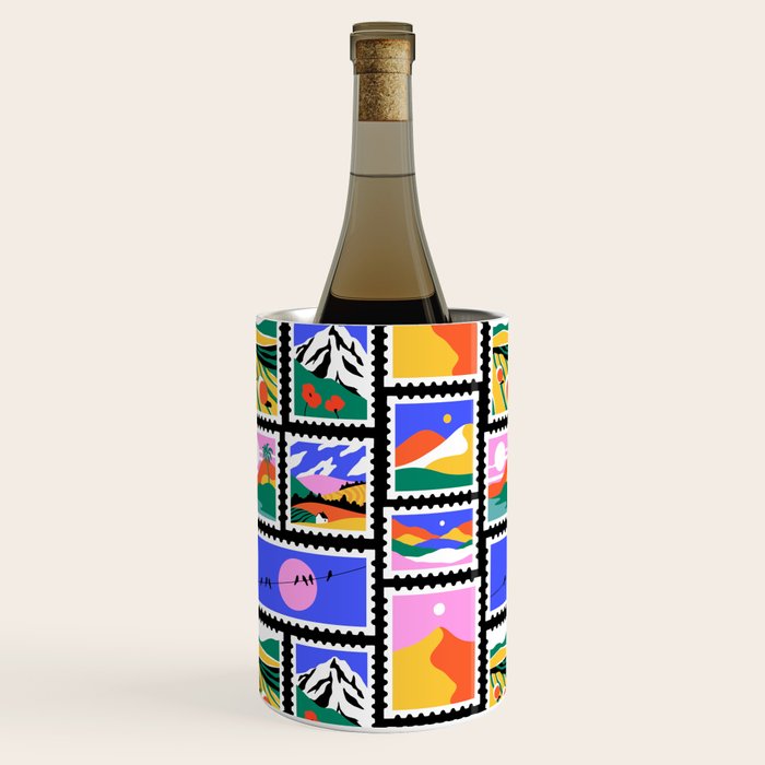 Colorful nature landscape post card stamp pattern Wine Chiller Gallery Image 1