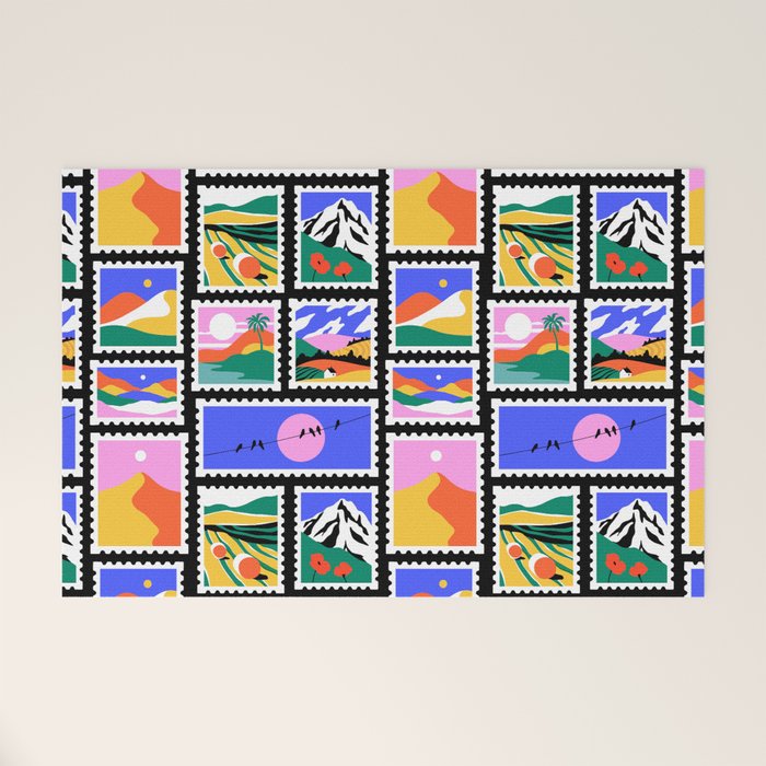 Colorful nature landscape post card stamp pattern Welcome Mat Gallery Image 1