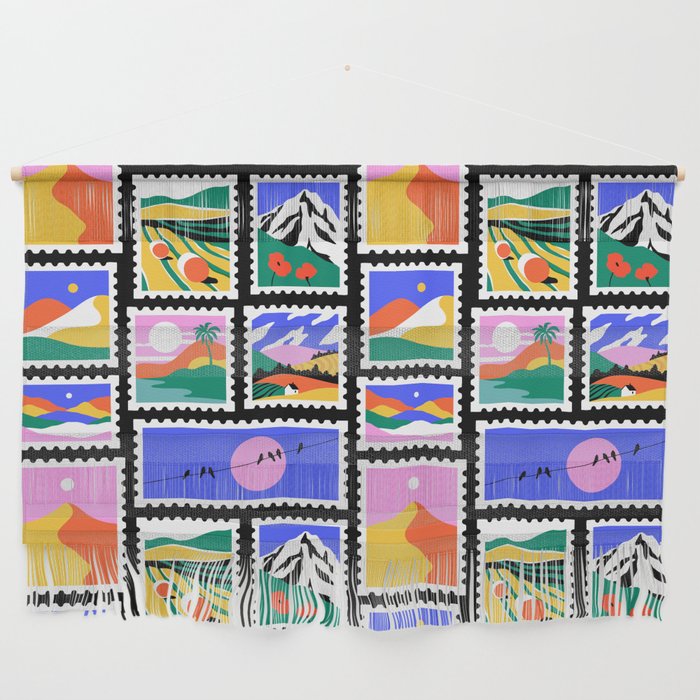 Colorful nature landscape post card stamp pattern Wall Hanging Gallery Image 1