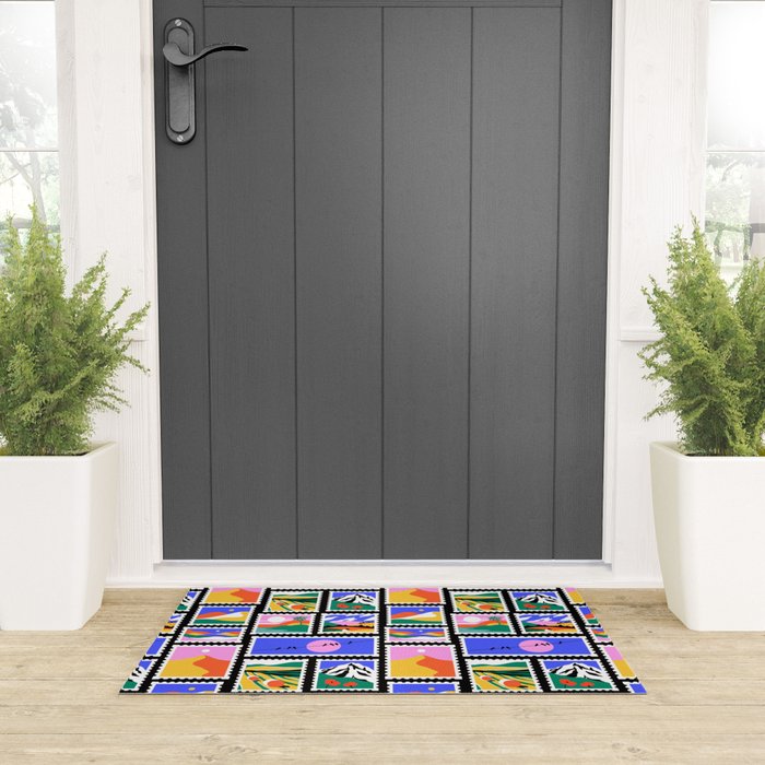 Colorful nature landscape post card stamp pattern Welcome Mat Gallery Image 3