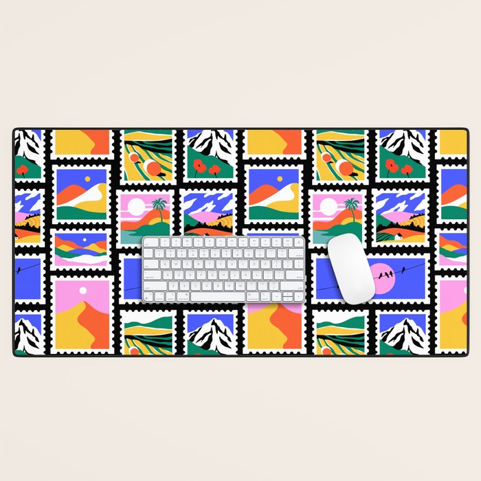 Colorful nature landscape post card stamp pattern Desk Mat Gallery Image 1