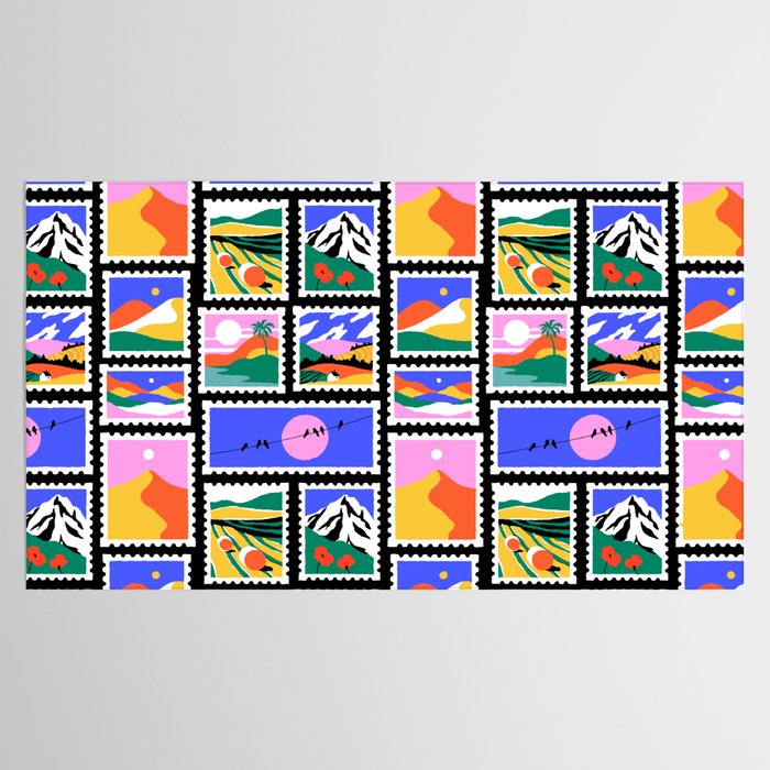 Colorful nature landscape post card stamp pattern Tablecloth Gallery Image 2