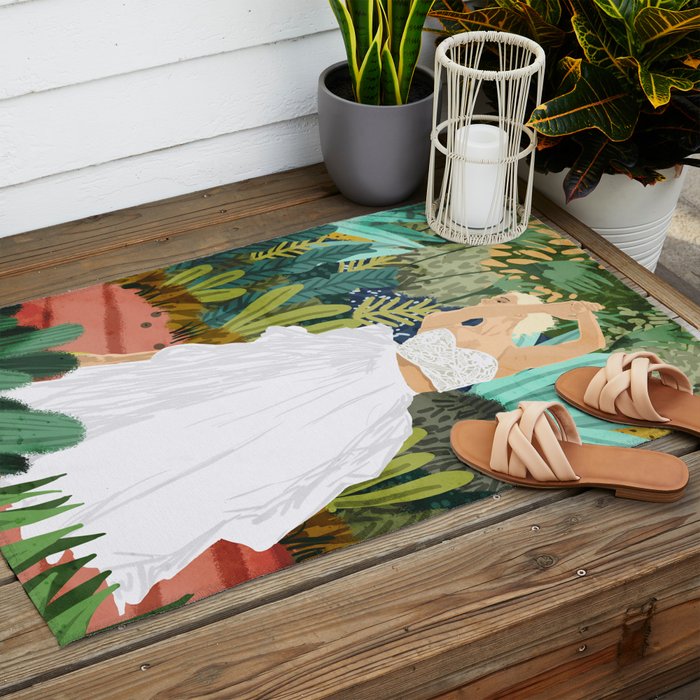 Forest Bride | Jungle Wedding Painting | Travel Solo | Blonde Woman Dancing Joy Outdoor Rug Gallery Image 2