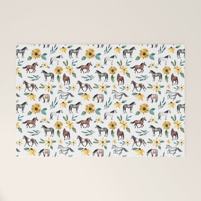 Horses and Sunflowers, Horse Art, Horse Decor, Yellow Flowers, Equestrian Art Welcome Mat Gallery Image 1