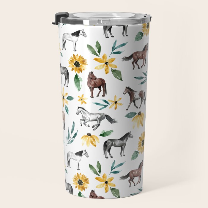 Horses and Sunflowers, Horse Art, Horse Decor, Yellow Flowers, Equestrian Art Travel Mug Gallery Image 3