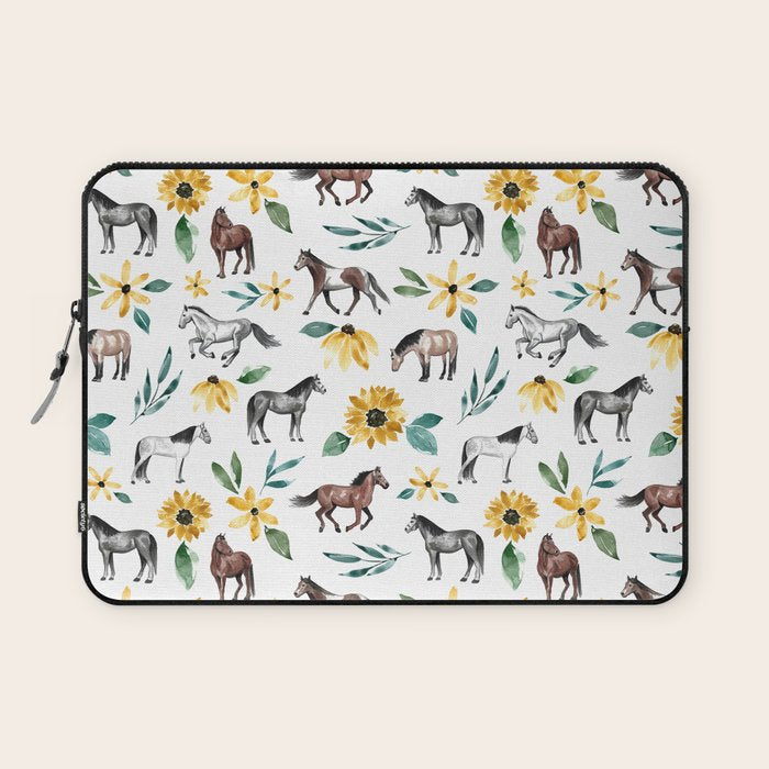 Horses and Sunflowers, Horse Art, Horse Decor, Yellow Flowers, Equestrian Art Laptop Sleeve Gallery Image 1