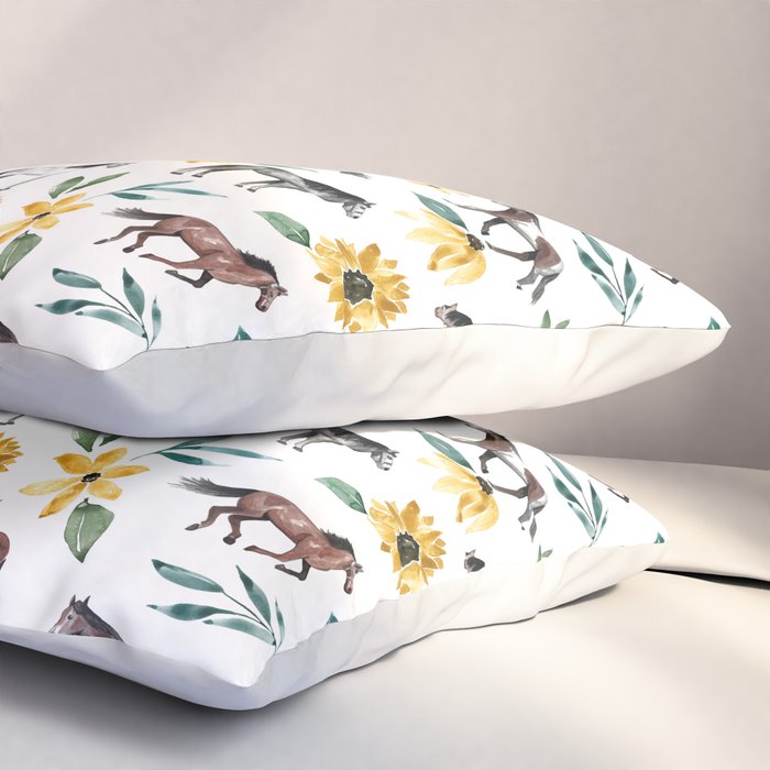 Horses and Sunflowers, Horse Art, Horse Decor, Yellow Flowers, Equestrian Art Pillow Sham Gallery Image 3