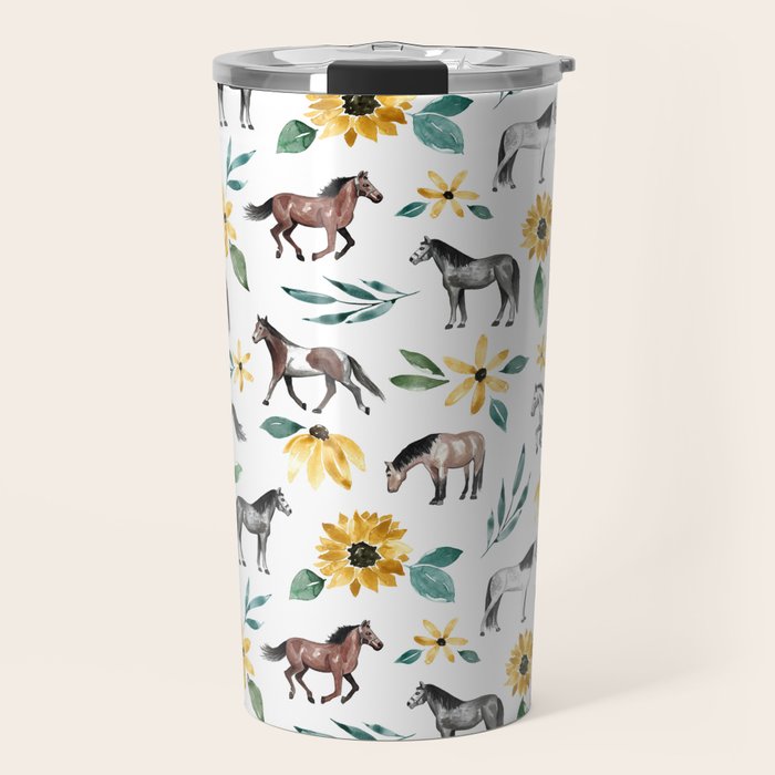 Horses and Sunflowers, Horse Art, Horse Decor, Yellow Flowers, Equestrian Art Travel Mug Gallery Image 1