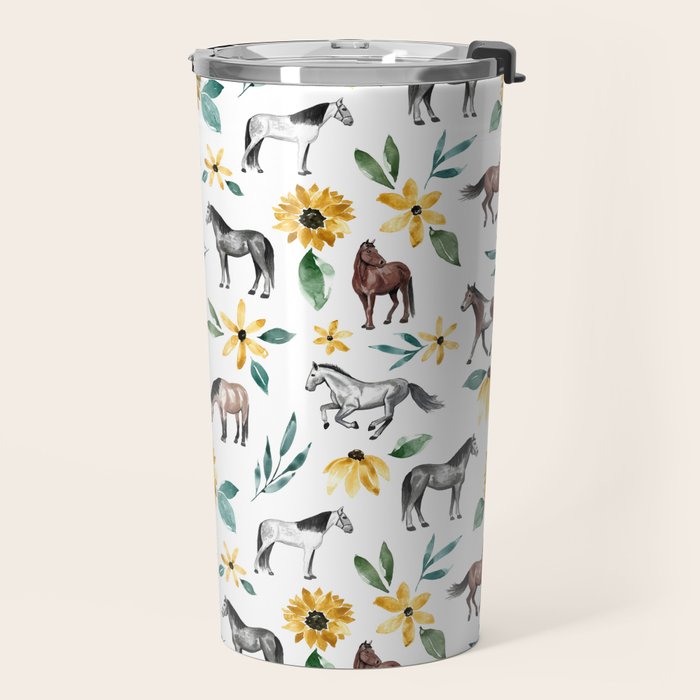 Horses and Sunflowers, Horse Art, Horse Decor, Yellow Flowers, Equestrian Art Travel Mug Gallery Image 2