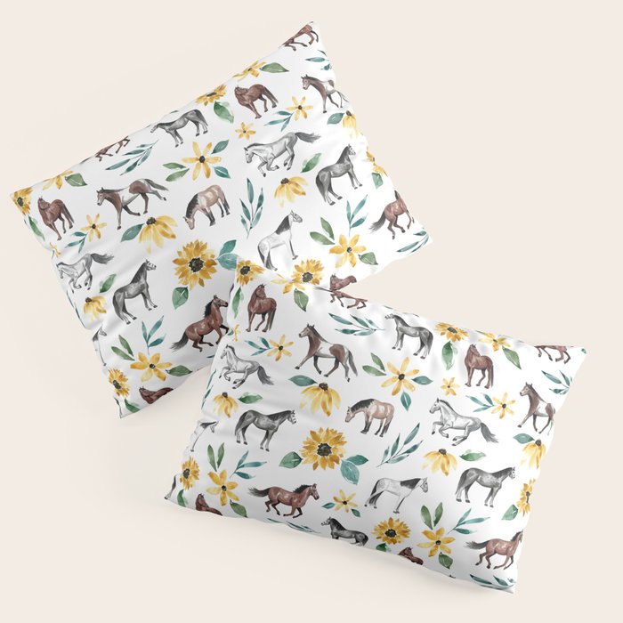 Horses and Sunflowers, Horse Art, Horse Decor, Yellow Flowers, Equestrian Art Pillow Sham Gallery Image 3
