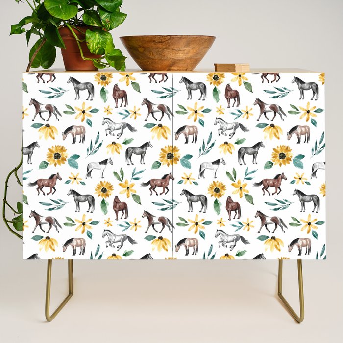 Horses and Sunflowers, Horse Art, Horse Decor, Yellow Flowers, Equestrian Art Credenza Gallery Image 1