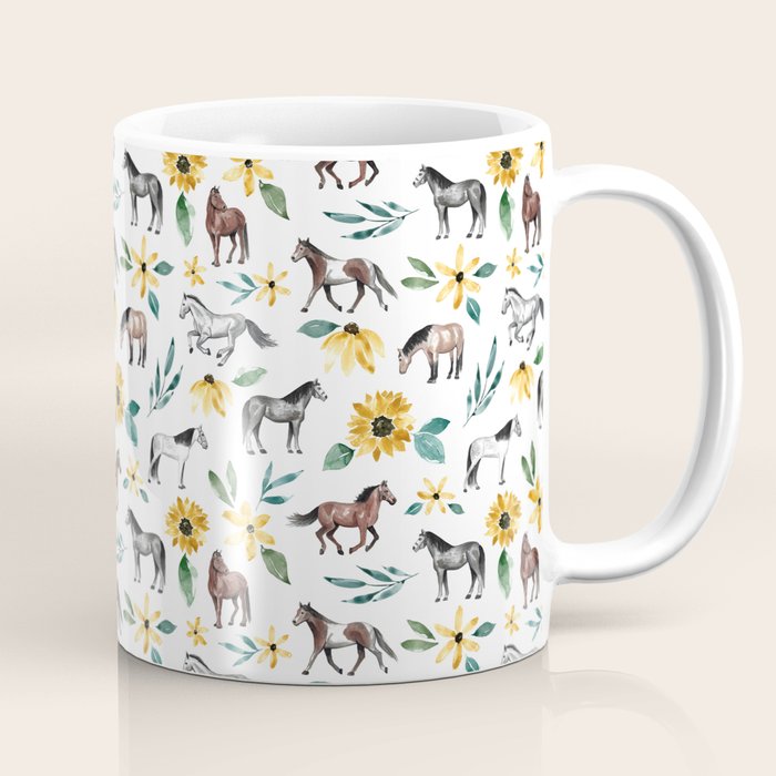 Horses and Sunflowers, Horse Art, Horse Decor, Yellow Flowers, Equestrian Art Coffee Mug Gallery Image 1