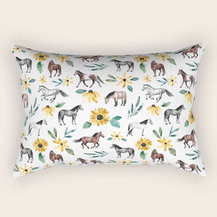 Horses and Sunflowers, Horse Art, Horse Decor, Yellow Flowers, Equestrian Art Rectangular Pillow Gallery Image 1