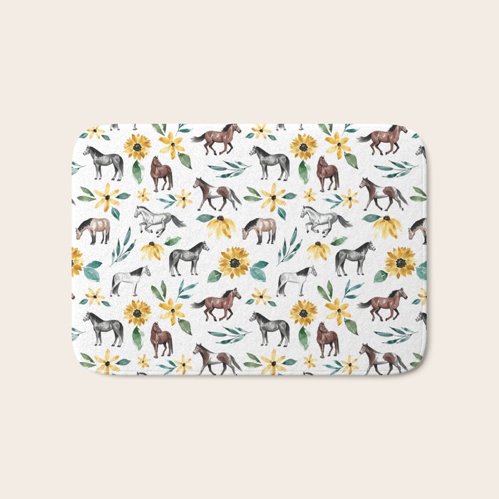 Horses and Sunflowers, Horse Art, Horse Decor, Yellow Flowers, Equestrian Art Bath Mat Gallery Image 1