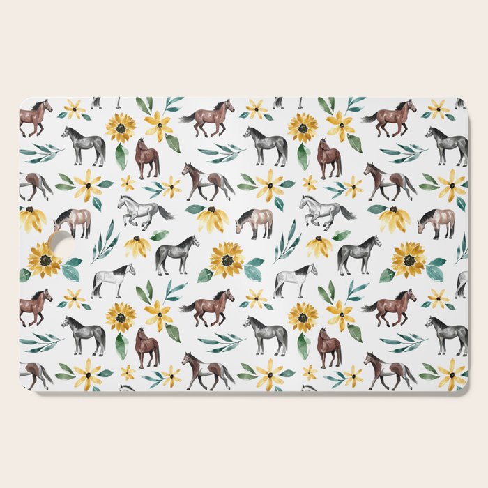 Horses and Sunflowers, Horse Art, Horse Decor, Yellow Flowers, Equestrian Art Cutting Board Gallery Image 1