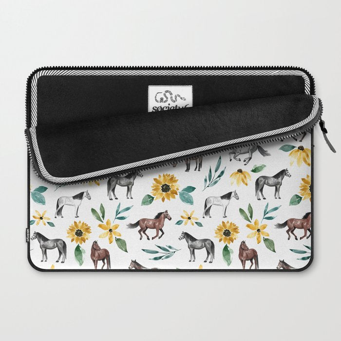 Horses and Sunflowers, Horse Art, Horse Decor, Yellow Flowers, Equestrian Art Laptop Sleeve Gallery Image 2