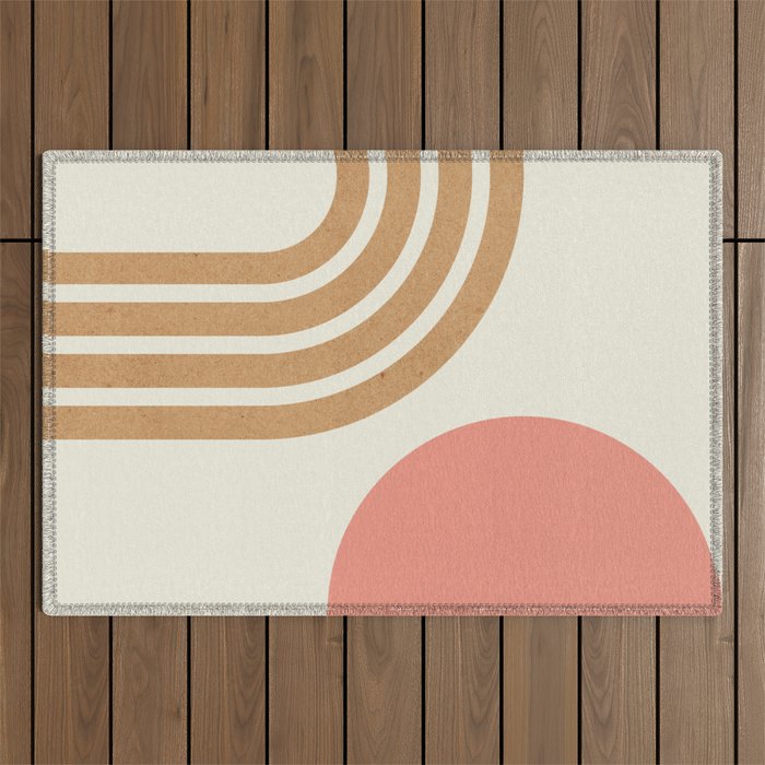Mid century modern pink Sun and Rainbow Outdoor Rug Gallery Image 1