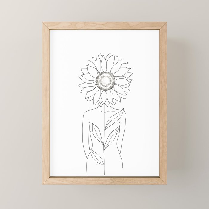 Minimalistic Line Art of Woman with Sunflower Mini Art Print Gallery Image 1