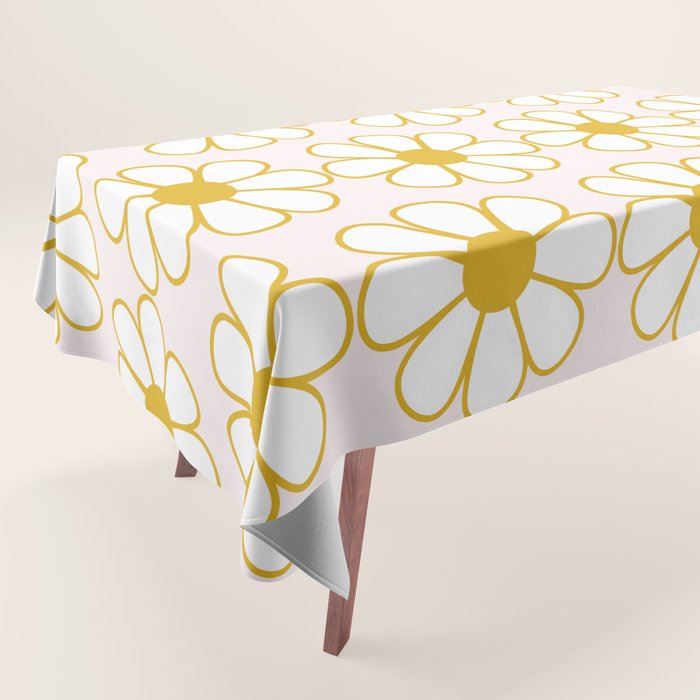 Cheerful Retro Daisy Flowers Pattern in Pale Pink and Mustard Tablecloth Gallery Image 1