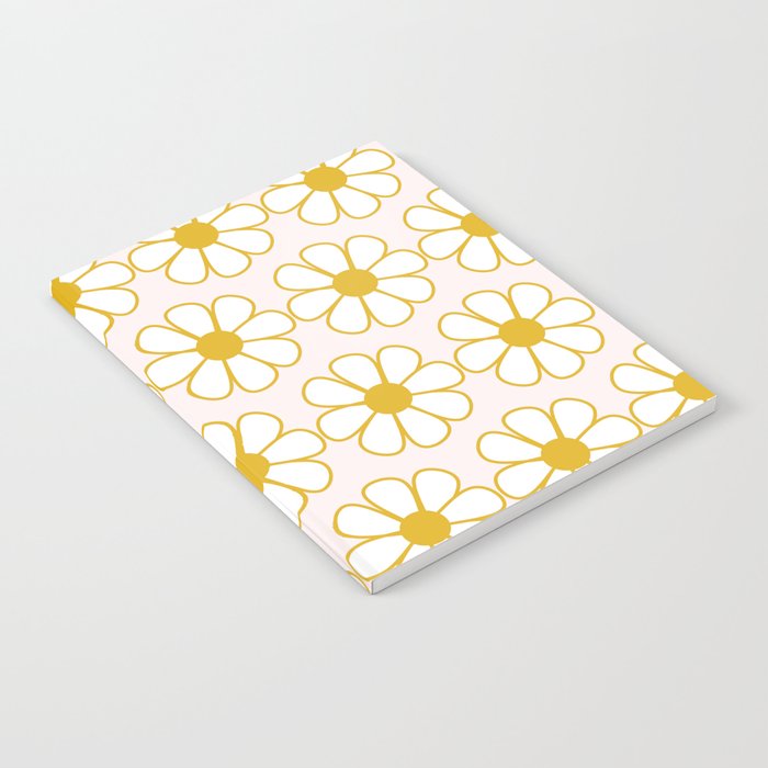 Cheerful Retro Daisy Flowers Pattern in Pale Pink and Mustard Notebook Gallery Image 1