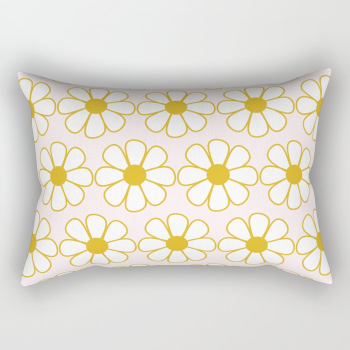 Cheerful Retro Daisy Flowers Pattern in Pale Pink and Mustard Rectangular Pillow Gallery Image 2