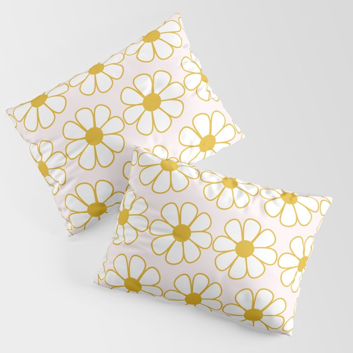 Cheerful Retro Daisy Flowers Pattern in Pale Pink and Mustard Pillow Sham Gallery Image 3